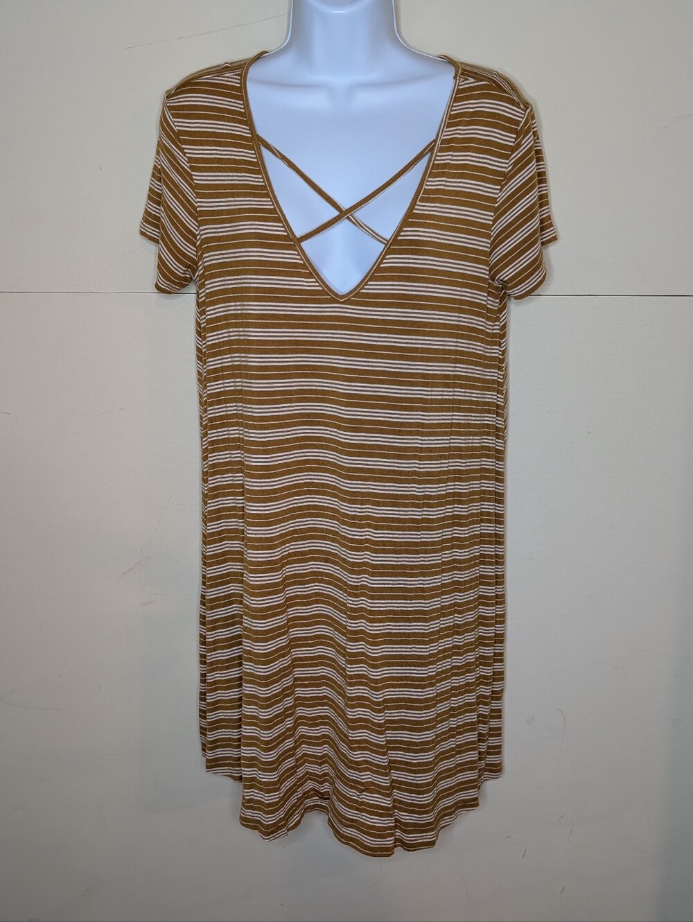 Forever 21 T Shirt Dress Mustard Yellow and White Stripes Criss Cross Neckline